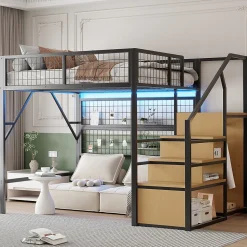 Lit mezzanine 140x200 cm - Lit double déco avec éclairage LED et rangement sous lit - Armoire ouverte en MDF et métal - Noir