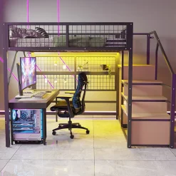 Lit mezzanine 140x200 cm - Lit double déco avec éclairage LED et rangement sous lit - Armoire ouverte en MDF et métal - Noir