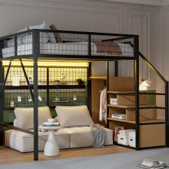 Lit mezzanine 140x200 cm - Lit double déco avec éclairage LED et rangement sous lit - Armoire ouverte en MDF et métal - Noir