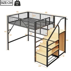 Lit mezzanine 140x200 cm - Lit double déco avec éclairage LED et rangement sous lit - Armoire ouverte en MDF et métal - Noir