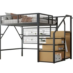 Lit mezzanine 140x200 cm - Lit double déco avec éclairage LED et rangement sous lit - Armoire ouverte en MDF et métal - Noir