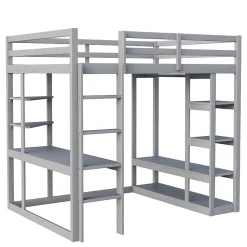 Lit mezzanine 140x200 cm - Lit double avec bureau intégré, rangements pratiques et échelle - Bois de pin et MDF - Gris