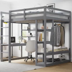 Lit mezzanine 140x200 cm - Lit double avec bureau intégré, rangements pratiques et échelle - Bois de pin et MDF - Gris