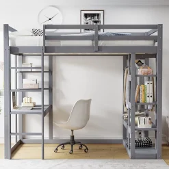 Lit mezzanine 140x200 cm - Lit double avec bureau intégré, rangements pratiques et échelle - Bois de pin et MDF - Gris