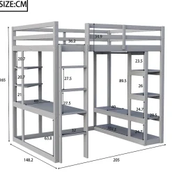 Lit mezzanine 140x200 cm - Lit double avec bureau intégré, rangements pratiques et échelle - Bois de pin et MDF - Gris