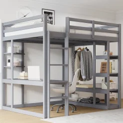 Lit mezzanine 140x200 cm - Lit double avec bureau intégré, rangements pratiques et échelle - Bois de pin et MDF - Gris