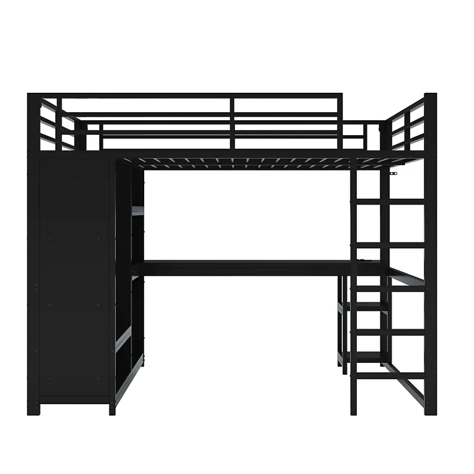 Lit Mezzanine 160x200 cm - Lit Double avec Bureau et Armoire Ouverte, Rangements et Éclairage LED, sans Matelas - Métal Noir