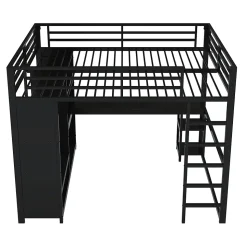 Lit Mezzanine 160x200 cm - Lit Double avec Bureau et Armoire Ouverte, Rangements et Éclairage LED, sans Matelas - Métal Noir