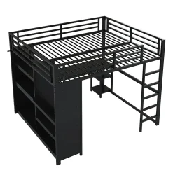 Lit Mezzanine 160x200 cm - Lit Double avec Bureau et Armoire Ouverte, Rangements et Éclairage LED, sans Matelas - Métal Noir