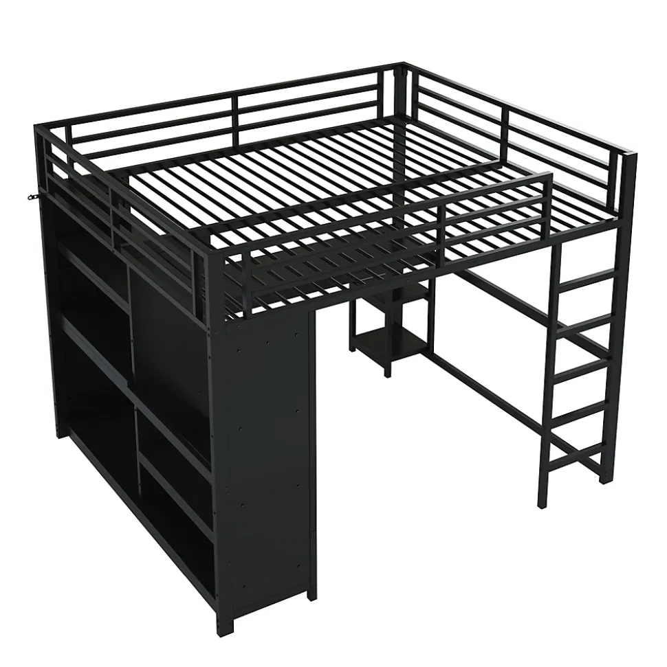 Lit Mezzanine 160x200 cm - Lit Double avec Bureau et Armoire Ouverte, Rangements et Éclairage LED, sans Matelas - Métal Noir