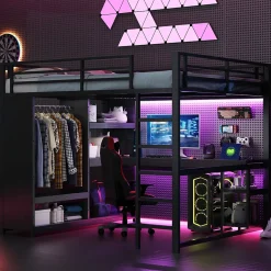 Lit Mezzanine 160x200 cm - Lit Double avec Bureau et Armoire Ouverte, Rangements et Éclairage LED, sans Matelas - Métal Noir