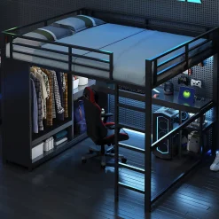 Lit Mezzanine 160x200 cm - Lit Double avec Bureau et Armoire Ouverte, Rangements et Éclairage LED, sans Matelas - Métal Noir