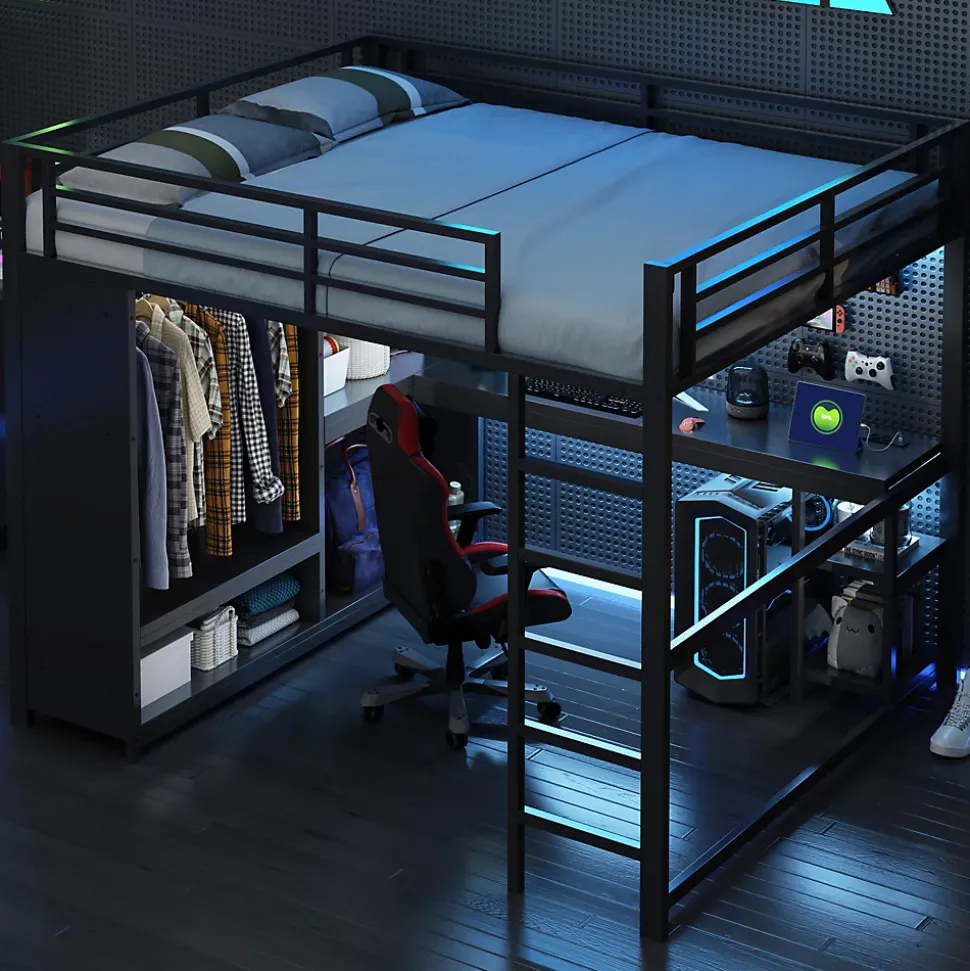 Lit Mezzanine 160x200 cm - Lit Double avec Bureau et Armoire Ouverte, Rangements et Éclairage LED, sans Matelas - Métal Noir