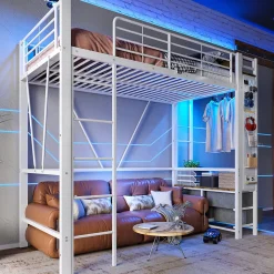 Lit Mezzanine 90x200 cm - Lit Déco avec Bureau et Rangement - Métal et MDF - Sans Matelas - Blanc