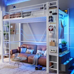 Lit Mezzanine 90x200 cm - Lit Déco avec Bureau et Rangement - Métal et MDF - Sans Matelas - Blanc