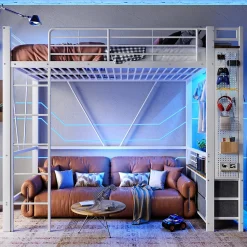 Lit Mezzanine 90x200 cm - Lit Déco avec Bureau et Rangement - Métal et MDF - Sans Matelas - Blanc