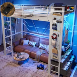 Lit Mezzanine 90x200 cm - Lit Déco avec Bureau et Rangement - Métal et MDF - Sans Matelas - Blanc