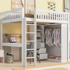 Lit Mezzanine 140x200 cm - Lit Double avec Bureau, Armoire et Escalier à Rangements Intégrés - Bois Blanc - Sans Matelas