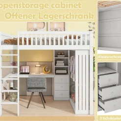 Lit Mezzanine 140x200 cm - Lit Double avec Bureau, Armoire et Escalier à Rangements Intégrés - Bois Blanc - Sans Matelas