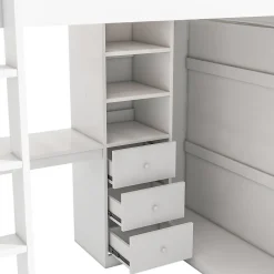 Lit Mezzanine 140x200 cm - Lit Double avec Bureau, Armoire et Escalier à Rangements Intégrés - Bois Blanc - Sans Matelas