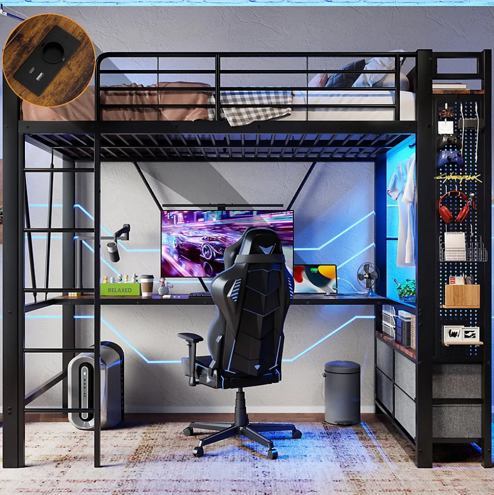 Lit Mezzanine 90x200 cm - Lit Déco avec Rangement - Métal et MDF - Sans Matelas - Noir