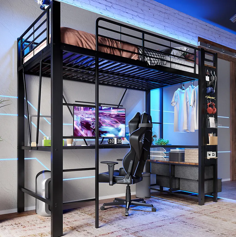 Lit Mezzanine 90x200 cm - Lit Déco avec Rangement - Métal et MDF - Sans Matelas - Noir