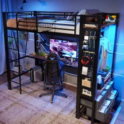 Lit Mezzanine 90x200 cm - Lit Déco avec Rangement - Métal et MDF - Sans Matelas - Noir