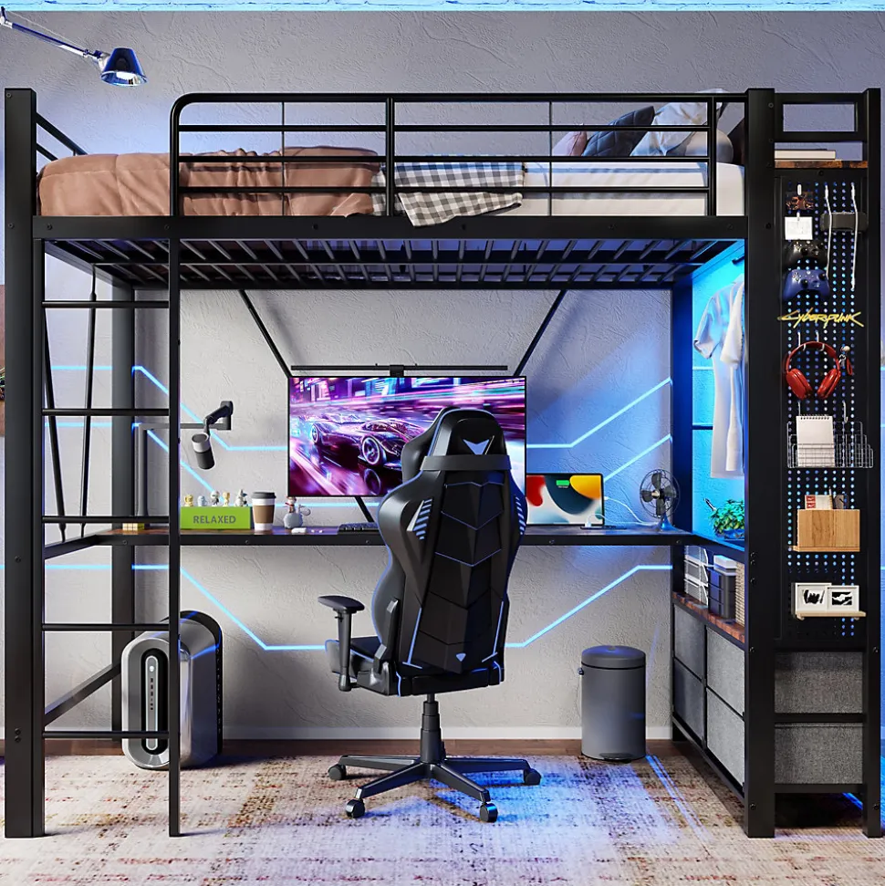 Lit Mezzanine 90x200 cm - Lit Déco avec Rangement - Métal et MDF - Sans Matelas - Noir