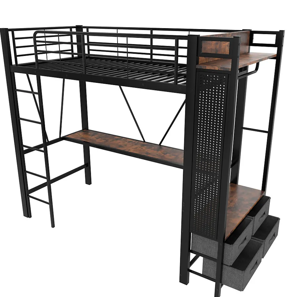 Lit Mezzanine 90x200 cm - Lit Déco avec Rangement - Métal et MDF - Sans Matelas - Noir