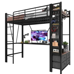 Lit Mezzanine 90x200 cm - Lit Déco avec Rangement - Métal et MDF - Sans Matelas - Noir