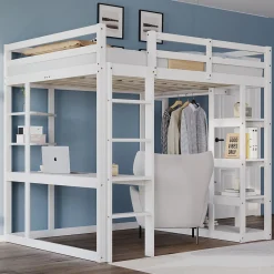 Lit mezzanine 140x200 cm - Lit double avec bureau intégré, rangements fonctionnels et échelle - Pin et MDF - Blanc