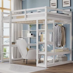 Lit mezzanine 140x200 cm - Lit double avec bureau intégré, rangements fonctionnels et échelle - Pin et MDF - Blanc