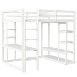 Lit mezzanine 140x200 cm - Lit double avec bureau intégré, rangements fonctionnels et échelle - Pin et MDF - Blanc