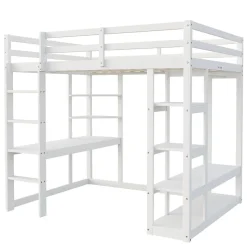 Lit mezzanine 140x200 cm - Lit double avec bureau intégré, rangements fonctionnels et échelle - Pin et MDF - Blanc