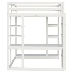 Lit mezzanine 140x200 cm - Lit double avec bureau intégré, rangements fonctionnels et échelle - Pin et MDF - Blanc