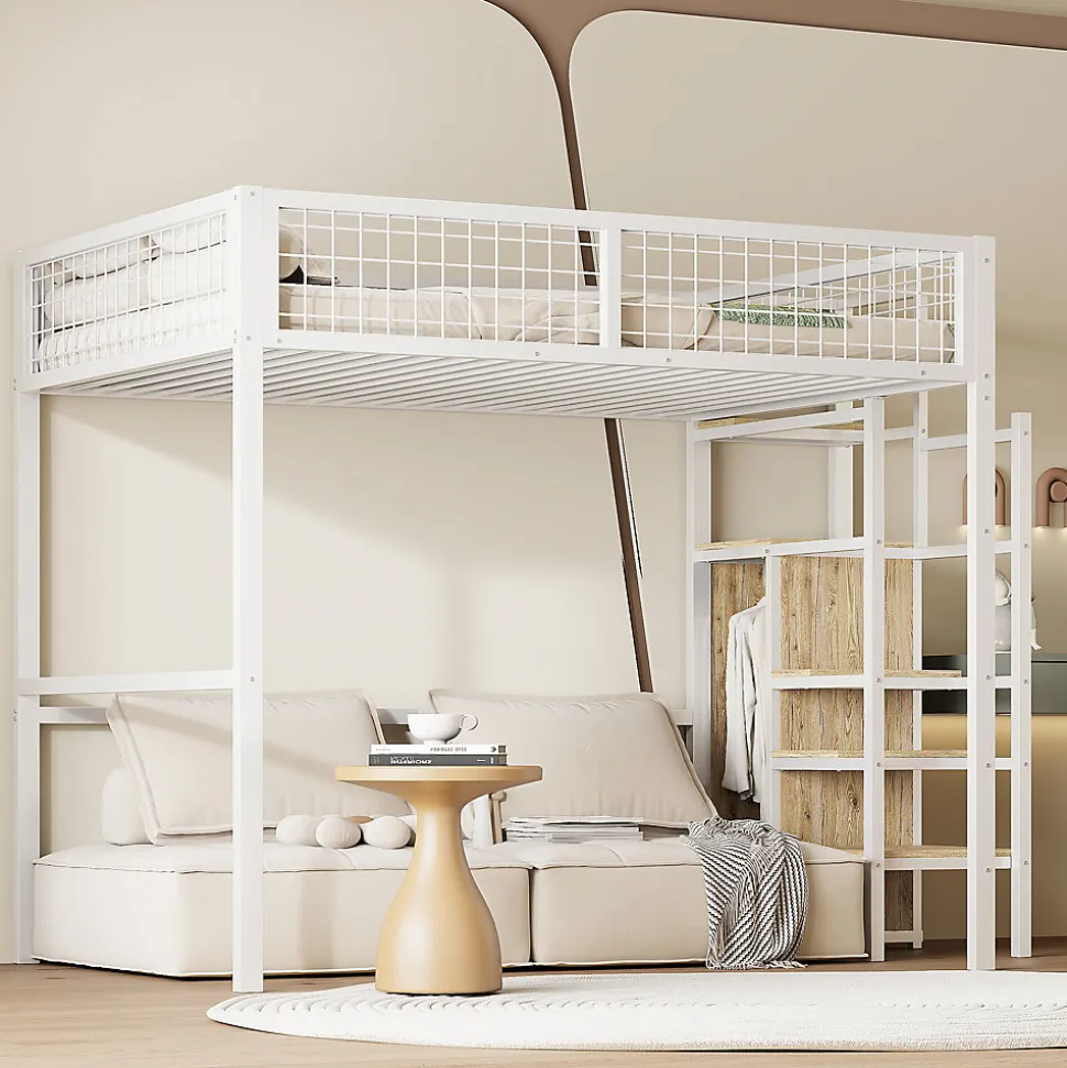 Lit Mezzanine 140x200 cm - Lit Double avec Rangement et Échelle de Sécurité, Cadre Métal et MDF, Sans Matelas - Blanc