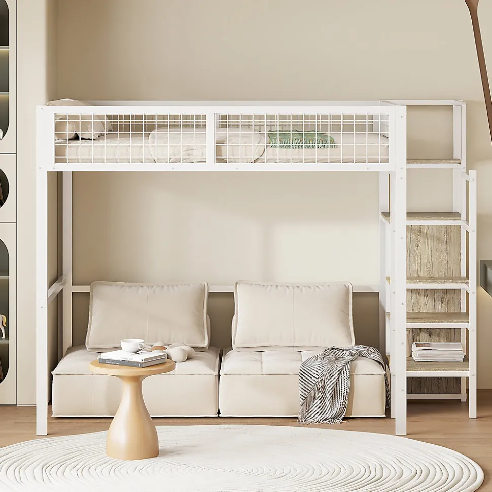 Lit Mezzanine 140x200 cm - Lit Double avec Rangement et Échelle de Sécurité, Cadre Métal et MDF, Sans Matelas - Blanc