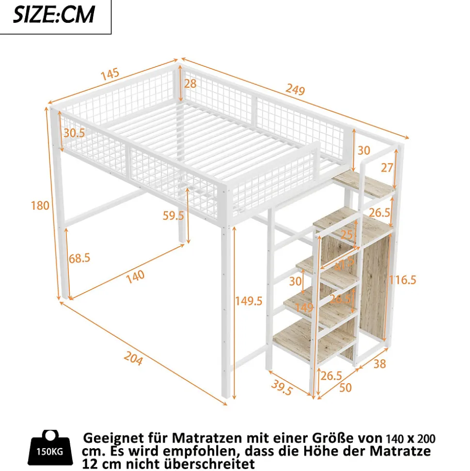 Lit Mezzanine 140x200 cm - Lit Double avec Rangement et Échelle de Sécurité, Cadre Métal et MDF, Sans Matelas - Blanc