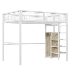 Lit Mezzanine 140x200 cm - Lit Double avec Rangement et Échelle de Sécurité, Cadre Métal et MDF, Sans Matelas - Blanc