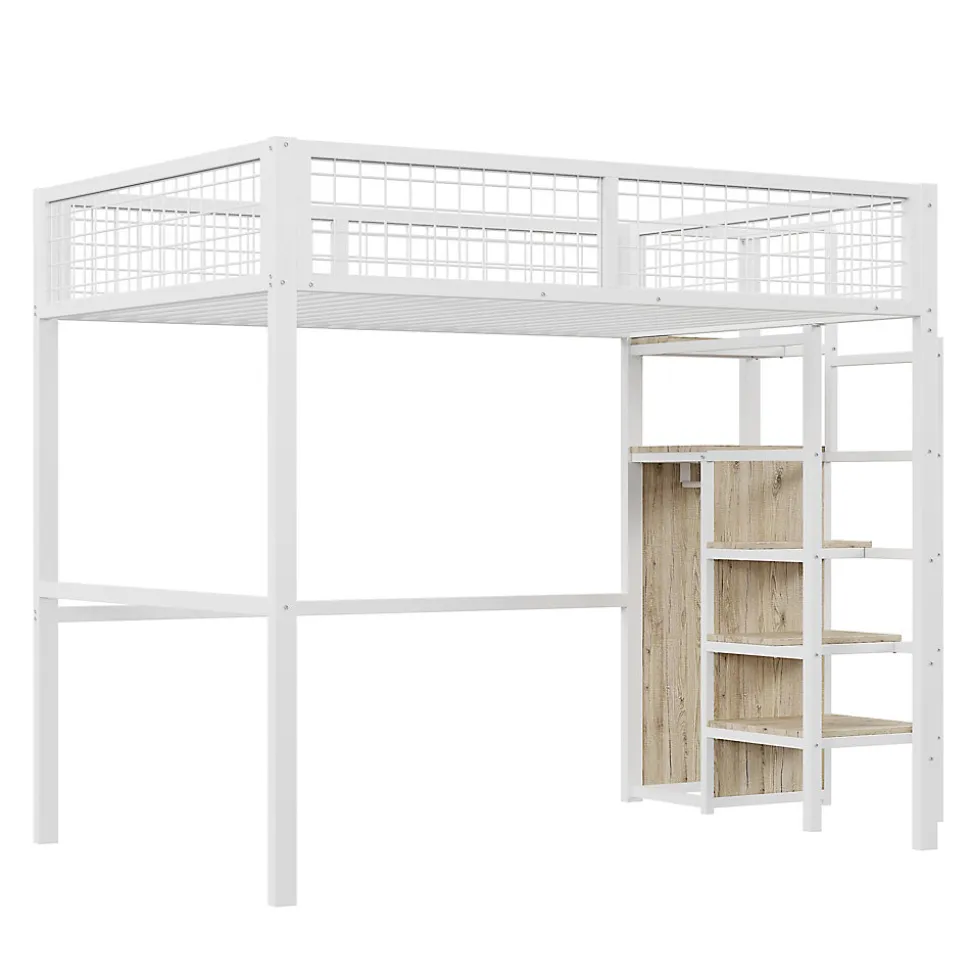 Lit Mezzanine 140x200 cm - Lit Double avec Rangement et Échelle de Sécurité, Cadre Métal et MDF, Sans Matelas - Blanc