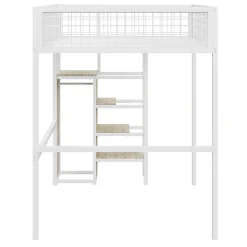 Lit Mezzanine 140x200 cm - Lit Double avec Rangement et Échelle de Sécurité, Cadre Métal et MDF, Sans Matelas - Blanc