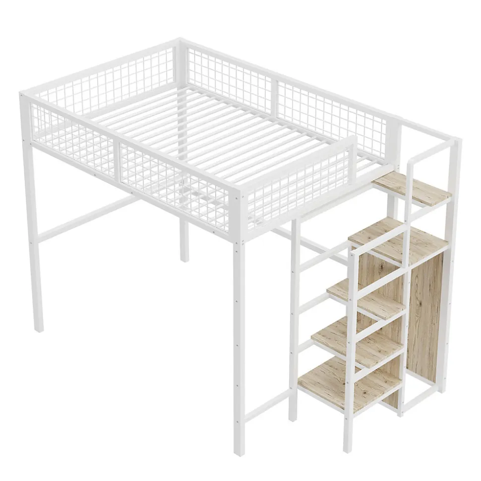 Lit Mezzanine 140x200 cm - Lit Double avec Rangement et Échelle de Sécurité, Cadre Métal et MDF, Sans Matelas - Blanc