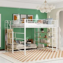 Lit Mezzanine 140x200 cm - Lit Double avec Escalier de Sécurité et Placard de Rangement, Métal et MDF, Sans Matelas - Blanc