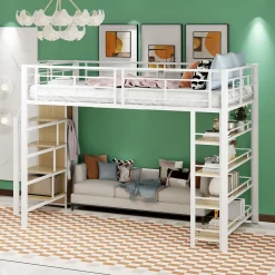 Lit Mezzanine 140x200 cm - Lit Double avec Escalier de Sécurité et Placard de Rangement, Métal et MDF, Sans Matelas - Blanc