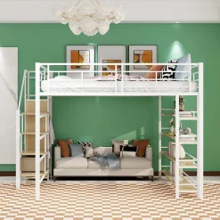 Lit Mezzanine 140x200 cm - Lit Double avec Escalier de Sécurité et Placard de Rangement, Métal et MDF, Sans Matelas - Blanc