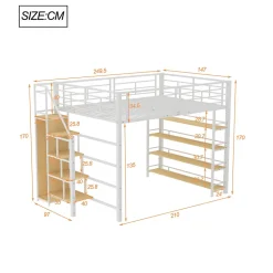 Lit Mezzanine 140x200 cm - Lit Double avec Escalier de Sécurité et Placard de Rangement, Métal et MDF, Sans Matelas - Blanc
