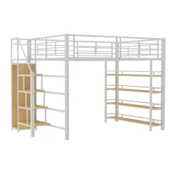 Lit Mezzanine 140x200 cm - Lit Double avec Escalier de Sécurité et Placard de Rangement, Métal et MDF, Sans Matelas - Blanc