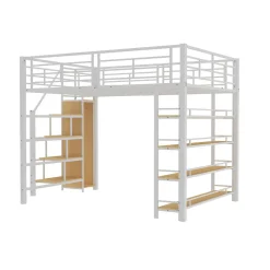 Lit Mezzanine 140x200 cm - Lit Double avec Escalier de Sécurité et Placard de Rangement, Métal et MDF, Sans Matelas - Blanc