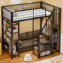 Lit Mezzanine 90x200 cm - Lit enfant en Métal Noir avec Rangement Intégré, Étagères et Escalier Sécurisé, Sans Matelas