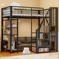 Lit Mezzanine 90x200 cm - Lit enfant en Métal Noir avec Rangement Intégré, Étagères et Escalier Sécurisé, Sans Matelas